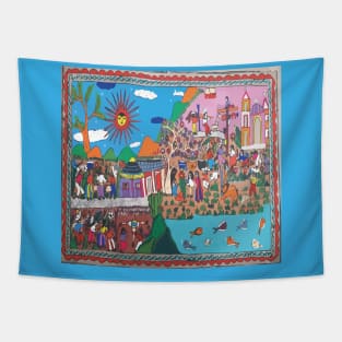 Amate bark painting mexican folk art ethnic boho chic design bold colors landscape Tapestry