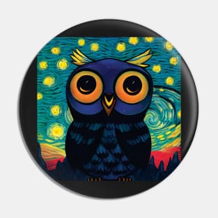 Owl in Van Gogh Style Starry Night Sky with Red Fields Pin