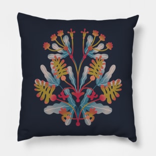 Symmetrical botanical composition in mustard and blue Pillow