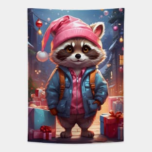 Cute Raccoon with Gifts in Winter Wonderland Tapestry