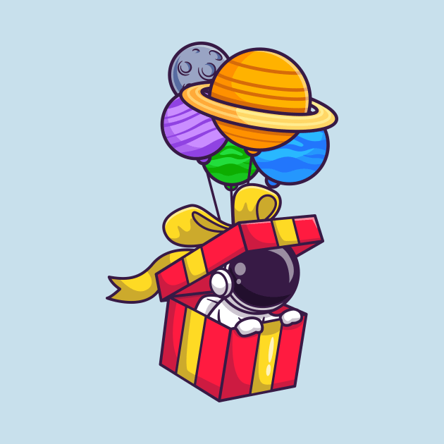 Cute Astronaut In Box Floating With Planet Balloon Cartoon by Catalyst Labs