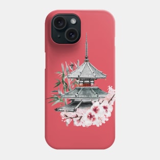 Japanese Painting of Beautiful Pagoda among Cherry Blossoms and Bamboo Phone Case