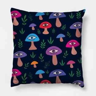 Trippy psychedelic  surreal mushroom pattern with eyes and leaves Pillow