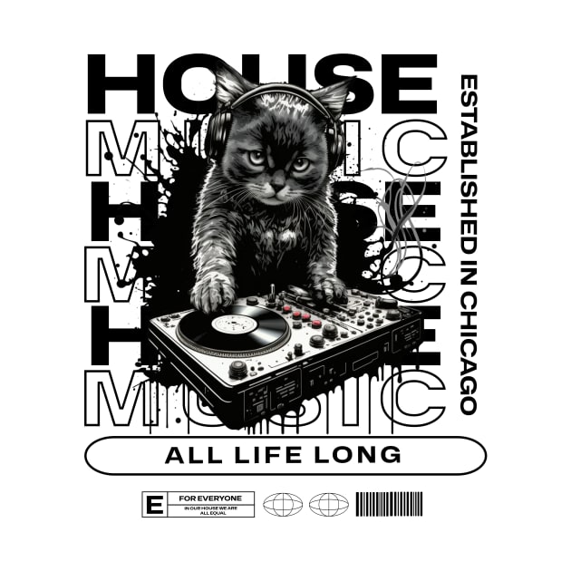 HOUSE MUSIC  - Cat Dj Text Overlap (Black) by DISCOTHREADZ 