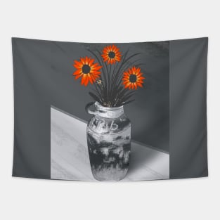 gray vase with orange flowers Tapestry