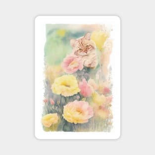 Soft color Striped Yellow cat in the Flower Garden Magnet