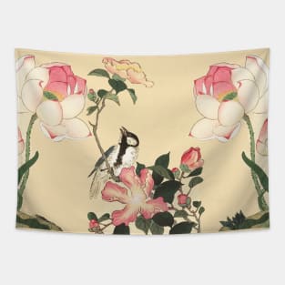 LITTLE BIRD WITH PINK ROSES AND LOTUS FLOWERS Tapestry