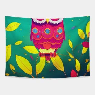 Colorful Owl on Branch Portrait Illustration - Bright Vibrant Colors Bohemian Style Feathers Psychedelic Bird Animal Rainbow Colored Art Tapestry