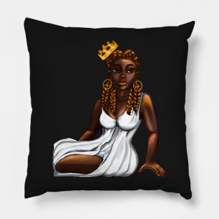 Queen Black is beautiful black woman art with crown, white dress and braids, brown eyes and dark brown skin ! Pillow