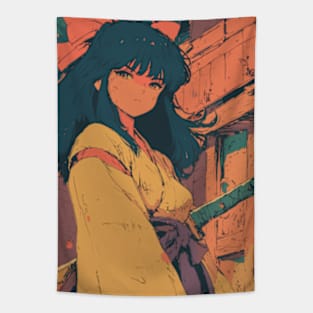 Samurai Retro 90s Anime Girl Tapestry