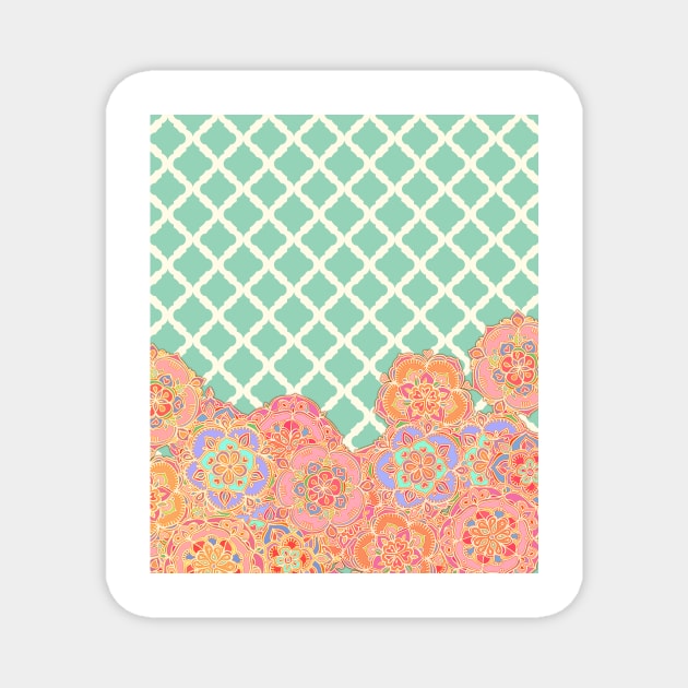 Floral Doodle on Mint Moroccan Lattice Magnet by micklyn