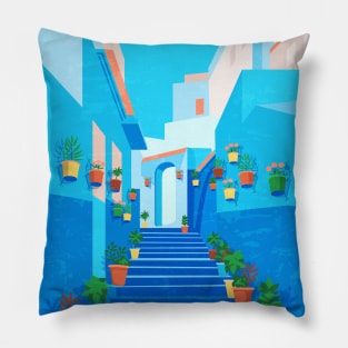 Morocco, Chefchaouen - Retro travel minimalistic poster Pillow