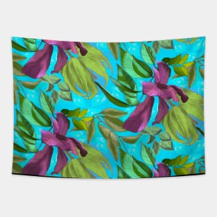 Blooming tropical flowers and leaves pattern floral illustration, aqua blue tropical pattern over a Tapestry
