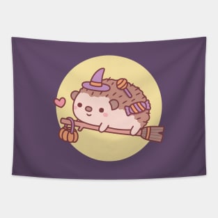 Cute Little Hedgehog Witch Flying On A Broom Halloween Tapestry