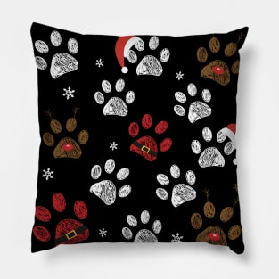 Paw prints with santa claus, deer and red hat Pillow