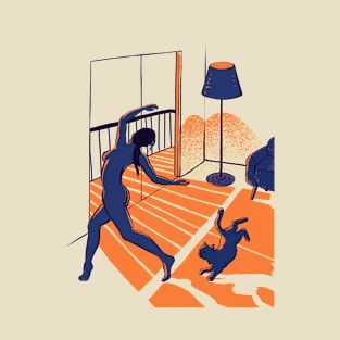 Dancing with the cat | Moody sunset light and shadows | Aesthetic room | Naked dance | Femme Fatale | Sunlight | Home Quarantine | Balcony T-Shirt