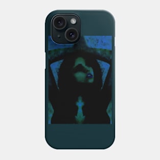 Portrait, digital collage, special processing. Beautiful but dark, like witch, woman. Tale. Blue, green and dim. Phone Case