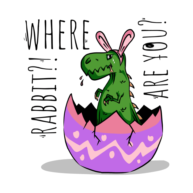 Little cute green dinosaur with rabbit ears looking for rabbit before easter holiday cry  t-shirt by MIWDesign