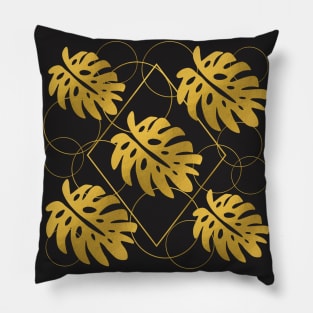 Golden Monstera Leaves Pattern on Black Pillow