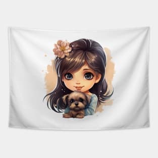 Cute girl with a puppy Tapestry