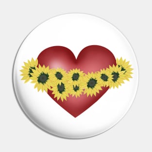 Sunflowers and heart. Love and flowers. Red and yellow Pin