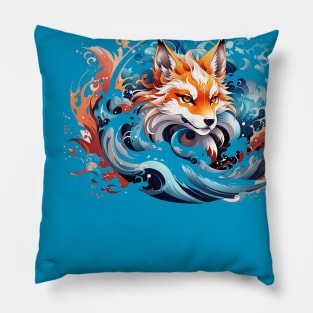 Kitsune fox, Japanese wave Pillow