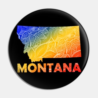 Colorful mandala art map of Montana with text in blue, yellow, and red Pin