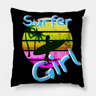 Surfer Girl Surfing Gift for Girls Surfboard 80s Retro Surf Pillow