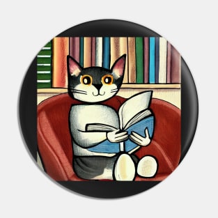 Grey Cat Reading In The Library Illustration Pin