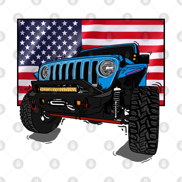 Jeep with American Flag - Light Blue Essential by 4x4 Sketch