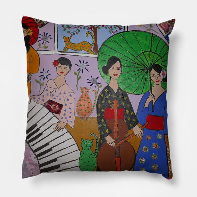 Japanese Geisha Women, A Piano, Cello and Colourful Cats Pillow by Casimirasquirkyart