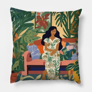 Woman on Couch of Tropical Jungle Garden Apartment After Matisse Pillow
