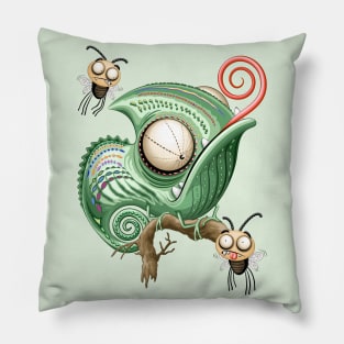 Chameleon and confused Fly Funny Cartoon Characters Pillow