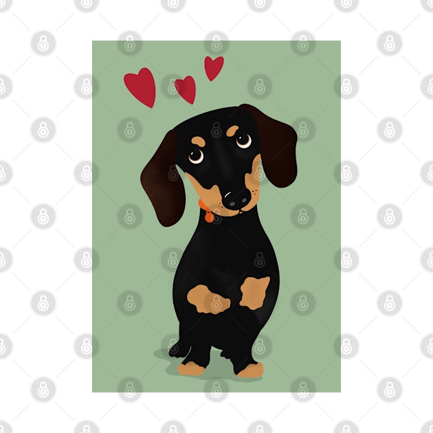 Cute Cartoon Dachshund with Three Red Hearts by NattyDesigns