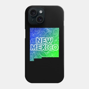 Colorful mandala art map of New Mexico with text in blue and green Phone Case