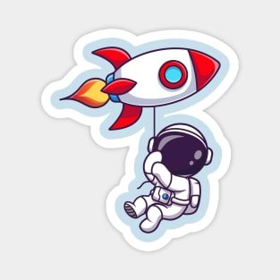 Cute Astronaut Floating With Rocket Balloon Magnet