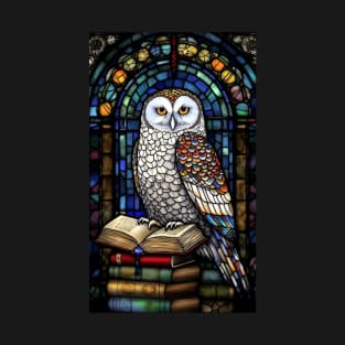 Stained Glass Style White Snowy Owl Sitting On Books T-Shirt