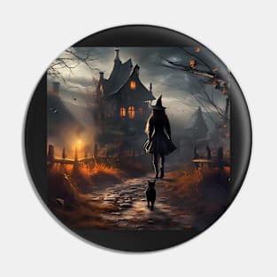 Young Witch Walking Home With A Black Cat Pin