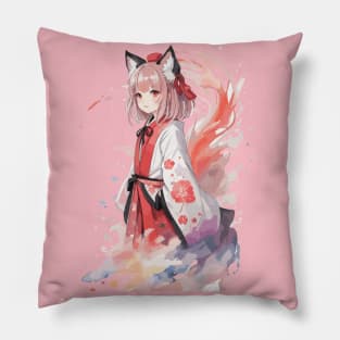 Kawaii girl in Kitsune fox kimono Pillow