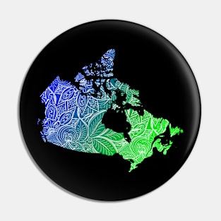 Colorful mandala art map of Canada with text in blue and green Pin