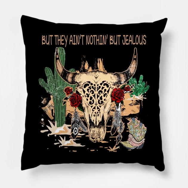 But They Ain't Nothin' But Jealous Cow Skull Desert Cactus Pillow by Beetle Golf