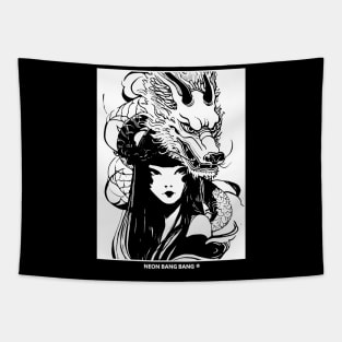 Japanese Samurai Girl Asian Dragon Urban Cyberpunk Style Tapestry