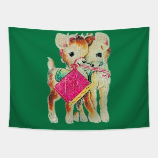 Vintage Reindeer Cute and Cuddled Together Christmas Tapestry