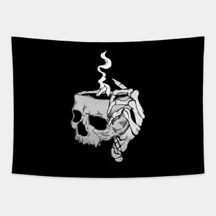 Skeleton hand holding skull coffee Tapestry