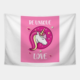 Be Unique Love Beautiful Unicorn Head With Stars And Hearts Tapestry