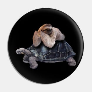 Sloth Lying on Turtle, Funny Lazy Animals Pin