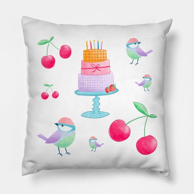 Cherry, birds and birthday cake Pillow by ColorsHappiness