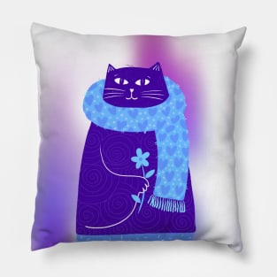 Cute blue cat with blue love scarf and blue flower, version 2 Pillow