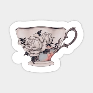 Black and white Vintage Rose Tea Cup turquoise gem Magnet