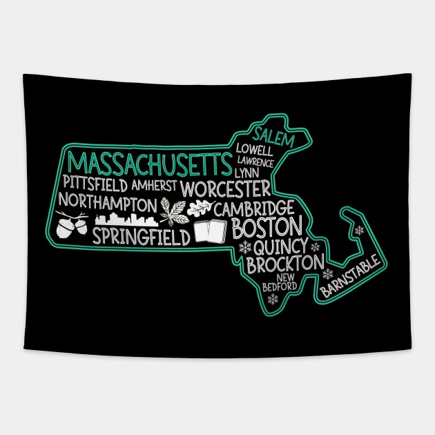 Salem Massachusetts cute map Springfield Lowell Lawrence Lynn Worcester Tapestry by BoogieCreates